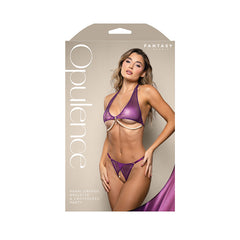 OPULENCE Pearl Draped Bralette & Crotchless Panty - Purple - M/L Size