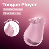 Pink tongue player device with text on a pink background