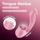 Pink device labeled 'Tongue Genius' on a pink background with text about stimulation features.