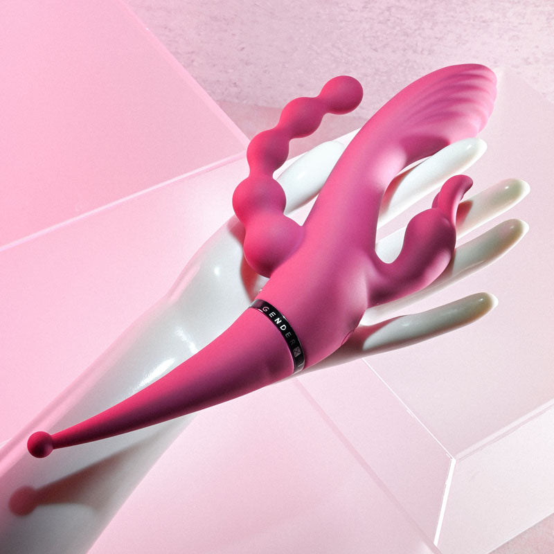 Pink and white tool with a brand logo on a pink background