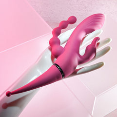 Pink and white tool with a brand logo on a pink background