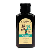Black bottle of Earthly Body massage oil on a white background