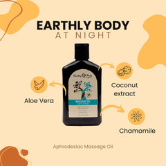 Massage oil bottle with ingredients on a beige background