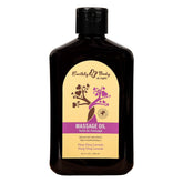 Black bottle of Earthly Body massage oil with a yellow label on a white background