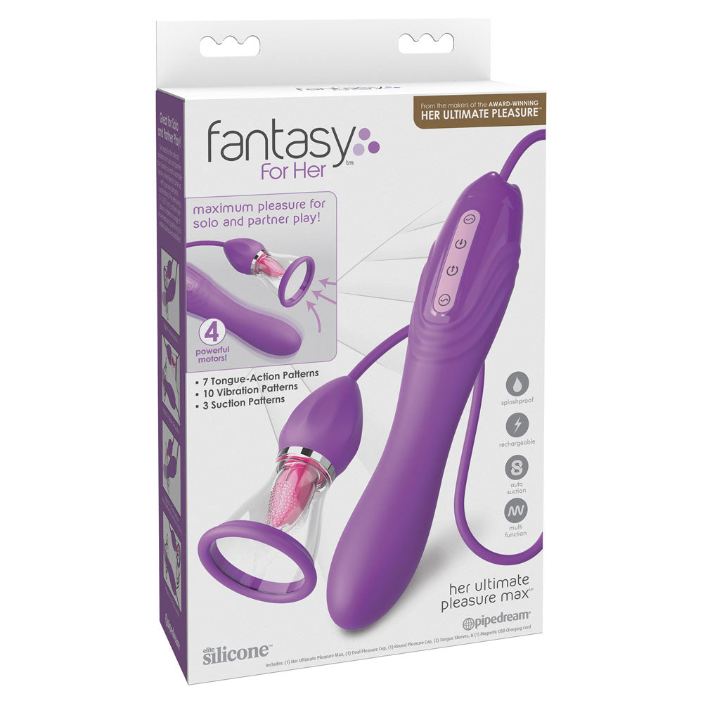Photograph of the boxed product named "Fantasy For Her Her Ultimate Pleasure Max." The packaging is mainly white and purple, showcasing an image of a purple vibrator with various attachments. The text on the box emphasizes its features, including 4 powerful motors, 7 motorized tongue-action patterns for oral sex play, 10 vibration patterns, and 3 suction patterns.