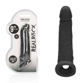 REALROCK 9'' Realistic Penis Extender with Rings - Black - Black 22.9 cm Penis Extension Sleeve