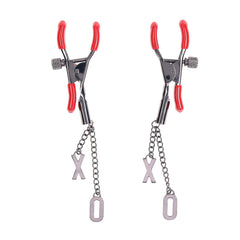 S&M Exs & Ohs Nipple Clamps - Red Tipped Metal Nipple Clamps - Set of 2