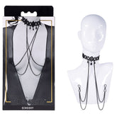 Sex & Mischief Lace Collar with Nipple Ties - Black Neck and Nipple Restraints