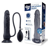 Black inflatable dildo with packaging on a white background