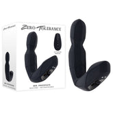 Black silicone prostate massager with packaging labeled 'Zero Tolerance' on a white background