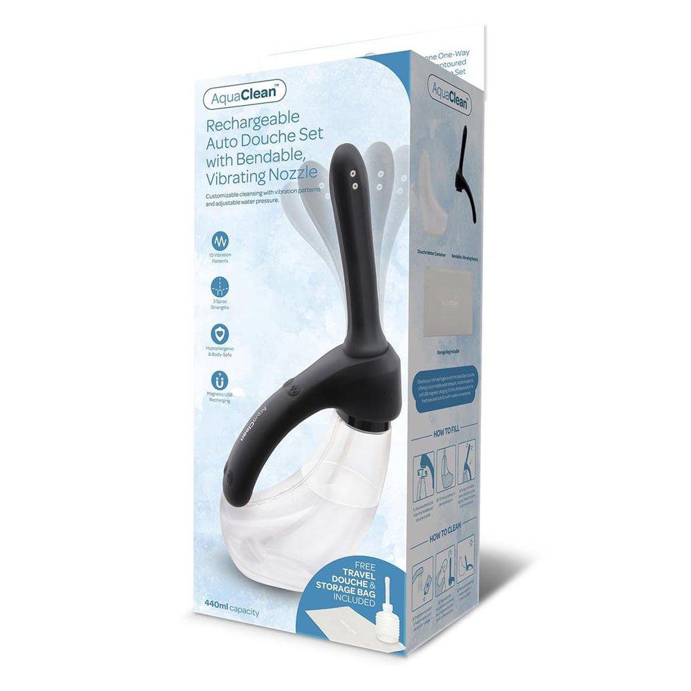AquaClean Rechargeable Auto Douche Set with Bendable Vibrating Nozzle - 440 ml Capacity with Free Travel Douche Included - Mr and Mrs D's