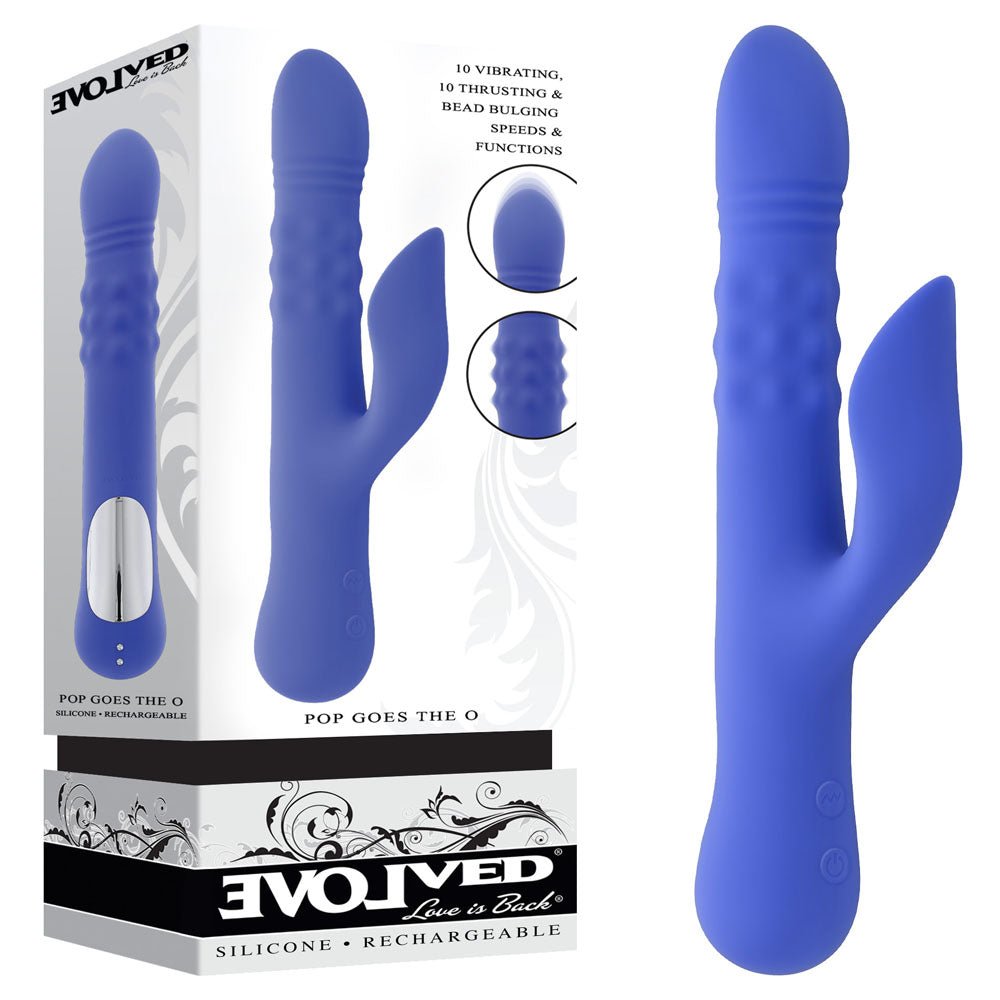 Evolved POP GOES THE O - Purple 24.7 cm USB Rechargeable Thrusting & Bulging Rabbit Vibrator - Mr and Mrs D's