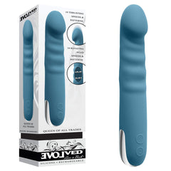 Evolved QUEEN OF ALL TRADES - Blue 22.6 cm USB Rechargeable Thrusting & Rotating Vibrator - Mr and Mrs D's