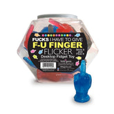 Finger-shaped fidget toy in packaging with visible branding