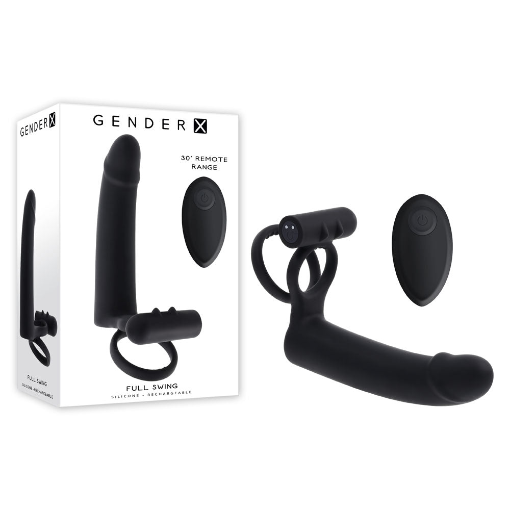 Gender X FULL SWING - Black USB Rechargeable Vibrating Cock Ring with Double Penetrator Dildo - Mr and Mrs D's