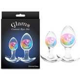 Glam's Cosmic 2pc Kit packaging with two clear silicone toys featuring colorful glittery centers.