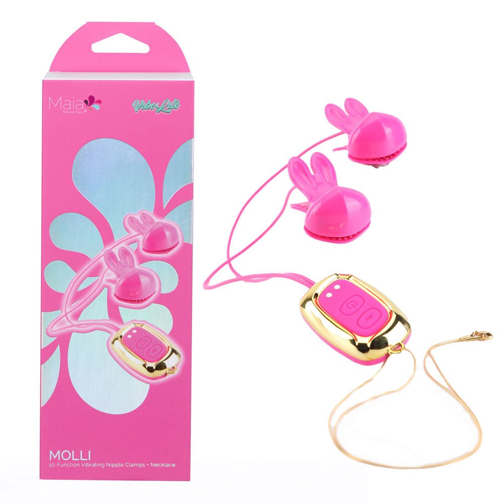 Maia MOLLI - Pink - Pink USB Rechargeable Vibrating Nipple Clamps & Necklace - BONDAGE - TOYS - Mr and Mrs D's