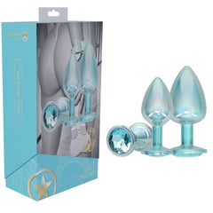 OUCH! Paris Collection - Metal Anal Plug Set - Blue - Metallic Blue Butt Plugs with Gem Bases - Set of 3 Sizes - Mr and Mrs D's