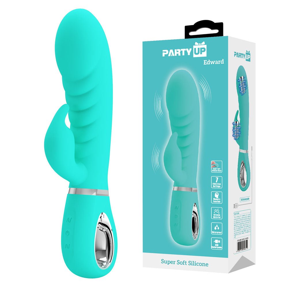 Party Up EDWARD Rabbit Vibe - Teal - Teal 20 cm USB Rechargeable Rabbit Vibrator - Mr and Mrs D's
