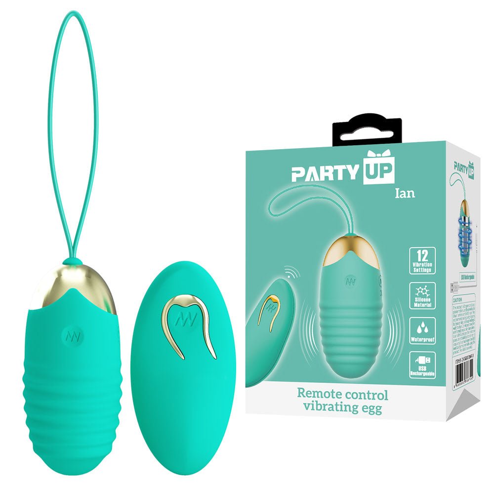 Party Up IAN Remote Egg - Teal - Teal USB Rechargeable Vibrating Egg with Wireless Remote - Mr and Mrs D's