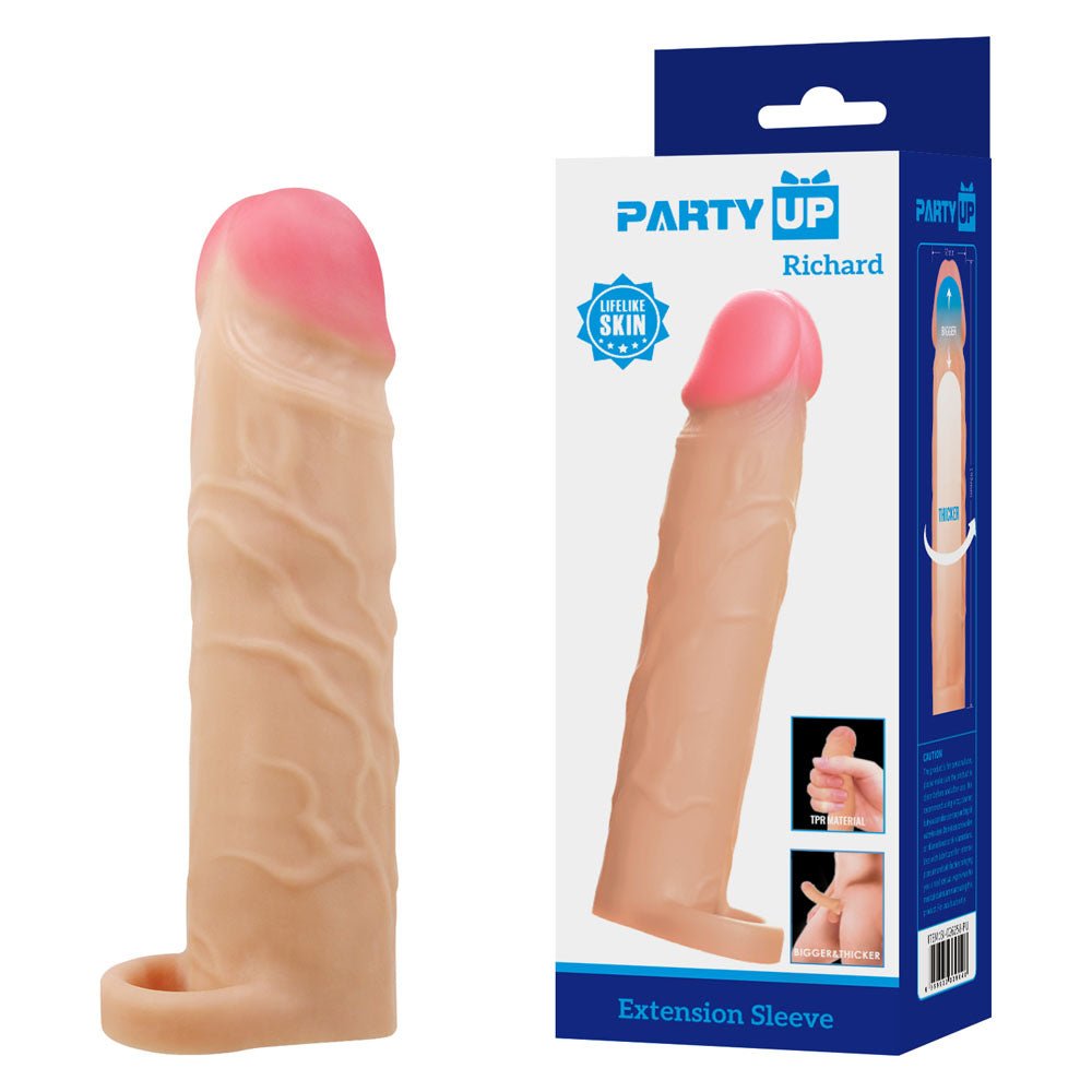 Party Up RICHARD 3 Inch Extender Sleeve - Flesh 3 Inch Penis Extender Sleeve with Ball Strap - Mr and Mrs D's