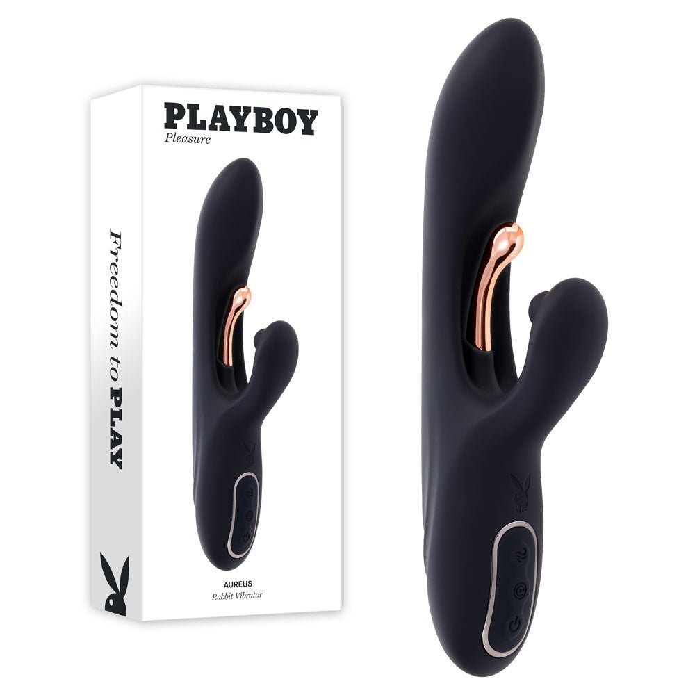 Playboy Pleasure AUREUS - Black 22.7 cm USB Rechargeable Rabbit Vibrator with Internal Flicker - Mr and Mrs D's