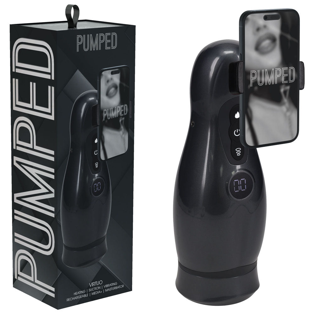 PUMPED Virtuo - Sucking And Vibrating Auto Masturbator Gunmetal Grey/Clear USB Rechargeable - Mr and Mrs D's