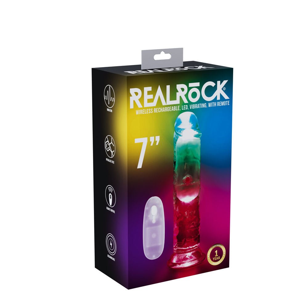REALROCK 7'' No Balls Wireless Rechargeable LED Vibrating Dong - Clear with LED 20 cm USB Rechargeable Vibrating Dong with Remote - Mr and Mrs D's
