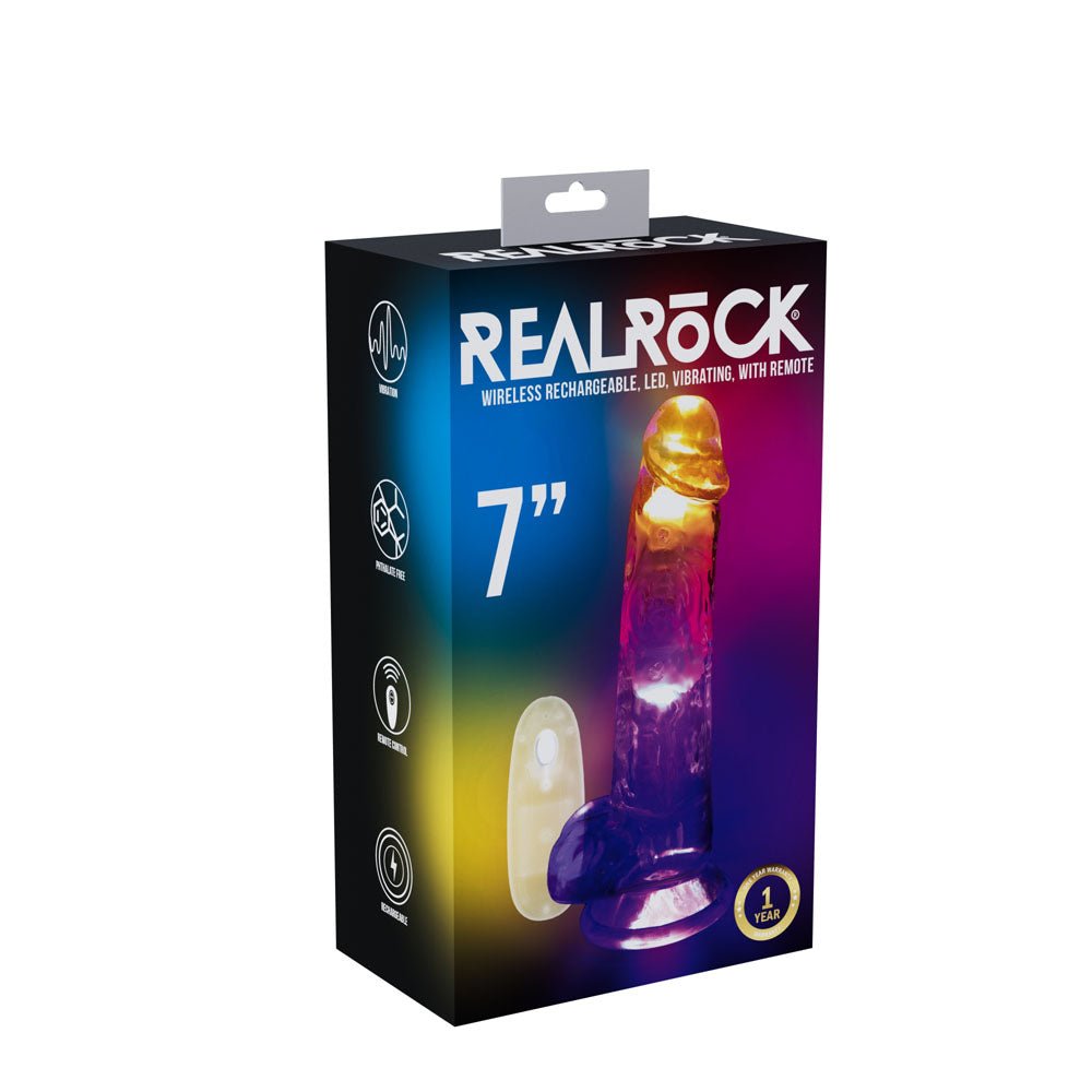 REALROCK 7'' with Balls Wireless Rechargeable LED Vibrating Dong - Clear with LED 19.5 cm USB Rechargeable Vibrating Dong with Remote - Mr and Mrs D's