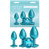 Turquoise metal plug set with packaging labeled 'retar assets' on a white background