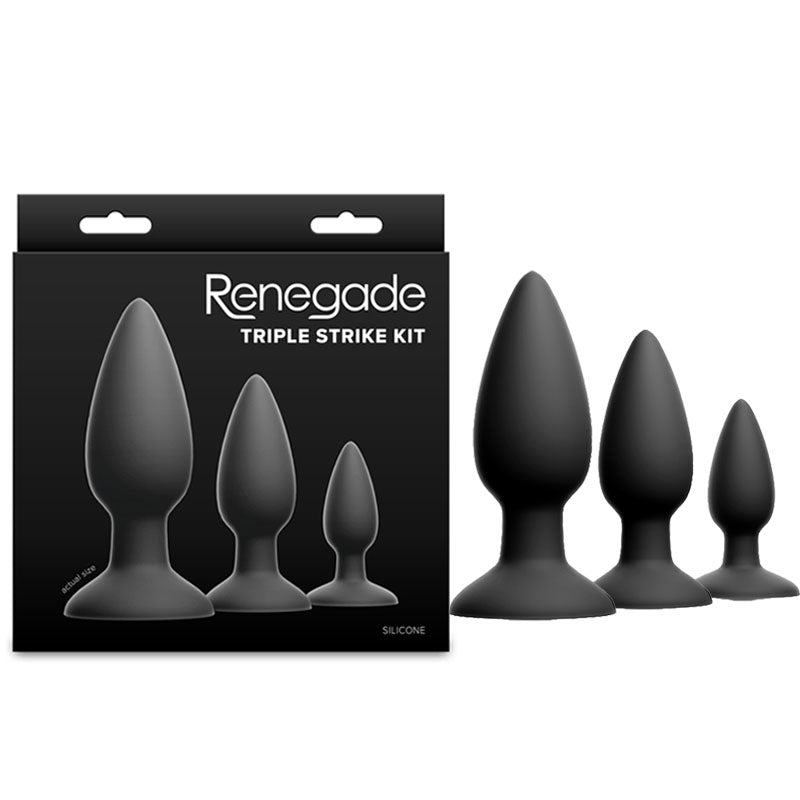Renegade Triple Strike Kit packaging with black silicone butt plugs on a white background