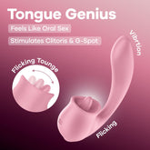 Pink device labeled 'Tongue Genius' on a pink background with text about stimulation features.
