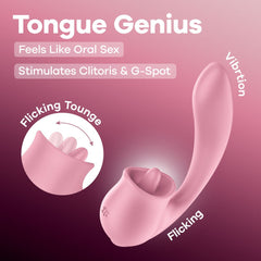 Pink device labeled 'Tongue Genius' on a pink background with text about stimulation features.