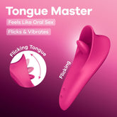 Pink device labeled 'Tongue Master' on a pink background with text about its features.