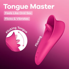 Pink device labeled 'Tongue Master' on a pink background with text about its features.