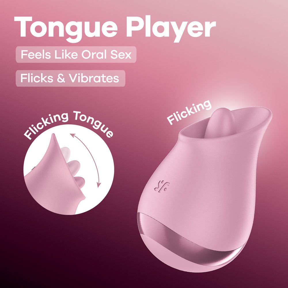 Pink tongue player device with text on a pink background