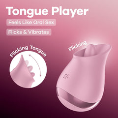 Pink tongue player device with text on a pink background