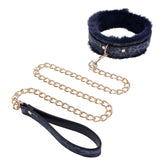 Sex & Mischief Cougar Fur Collar & Leash - Navy Blue/Gold Furry Restraint - Mr and Mrs D's