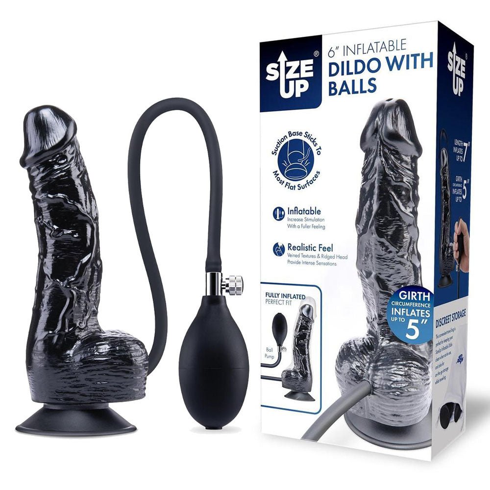 Inflatable dildo with Balls and its packaging on a white background