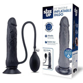 Black inflatable dildo with packaging on a white background