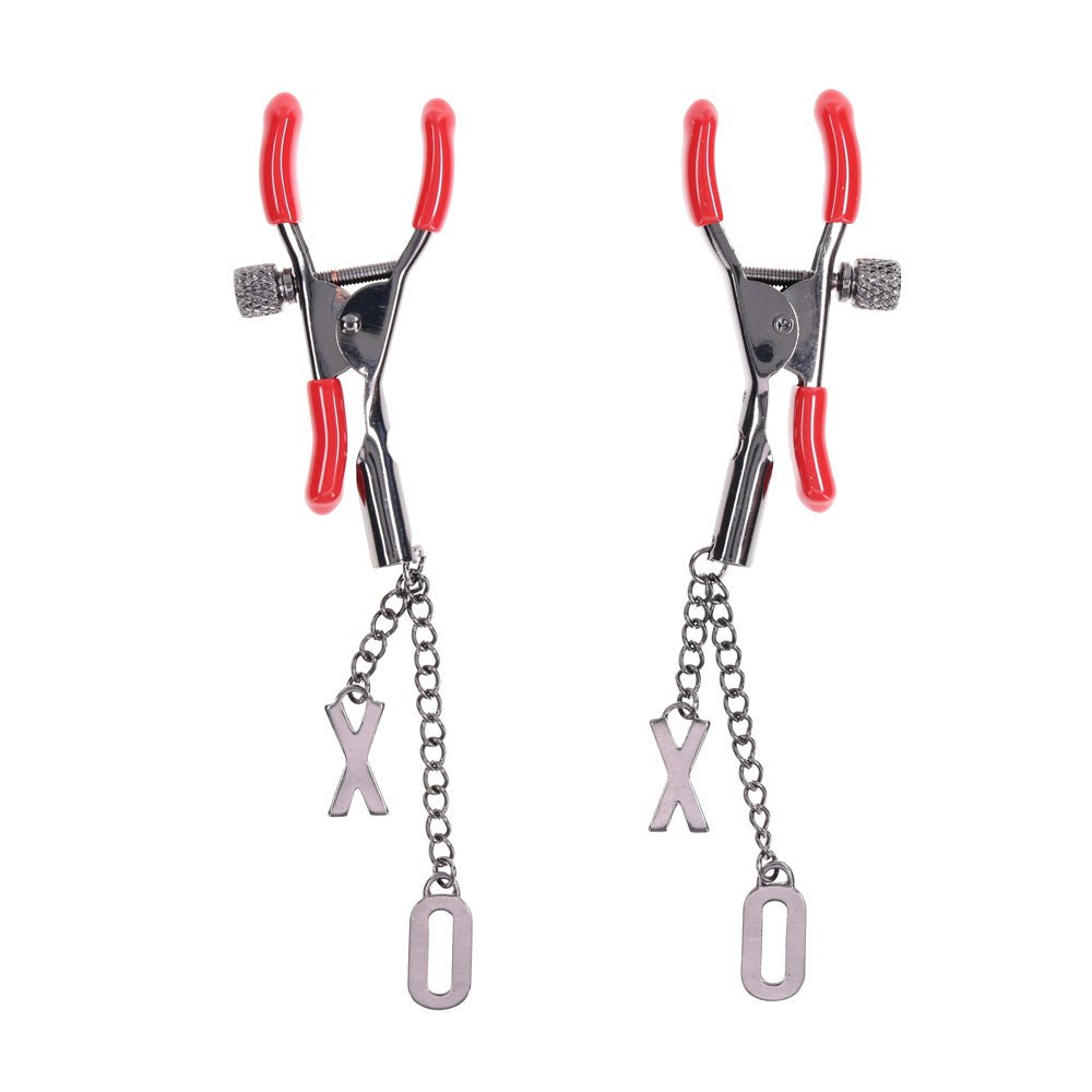 S&M Exs & Ohs Nipple Clamps - Red Tipped Metal Nipple Clamps - Set of 2 - BONDAGE - TOYS - Mr and Mrs D's