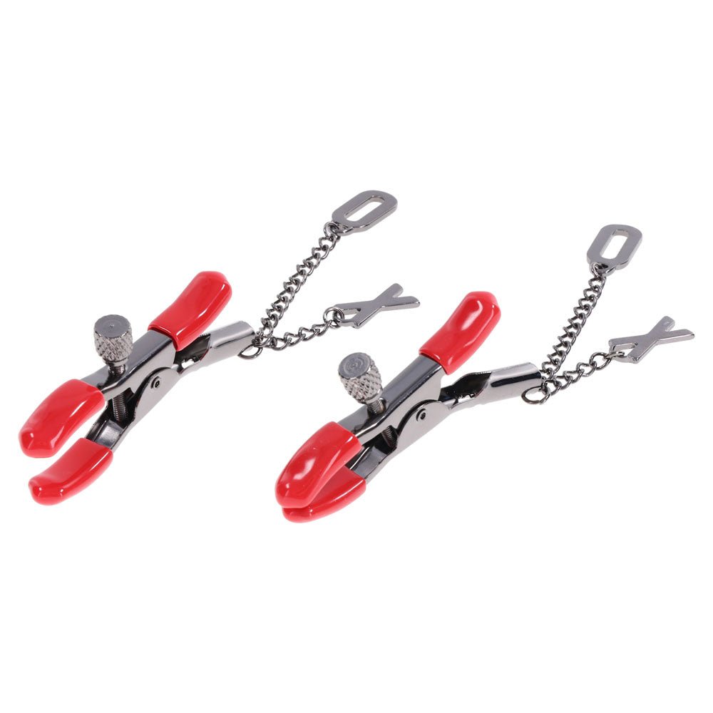 S&M Exs & Ohs Nipple Clamps - Red Tipped Metal Nipple Clamps - Set of 2 - BONDAGE - TOYS - Mr and Mrs D's