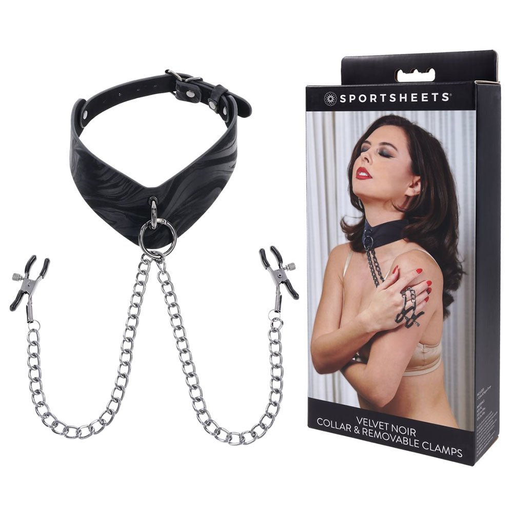 SPORTSHEETS Velvet Noir Collar & Removable Clamps - Black Neck & Nipple Restraints - Mr and Mrs D's