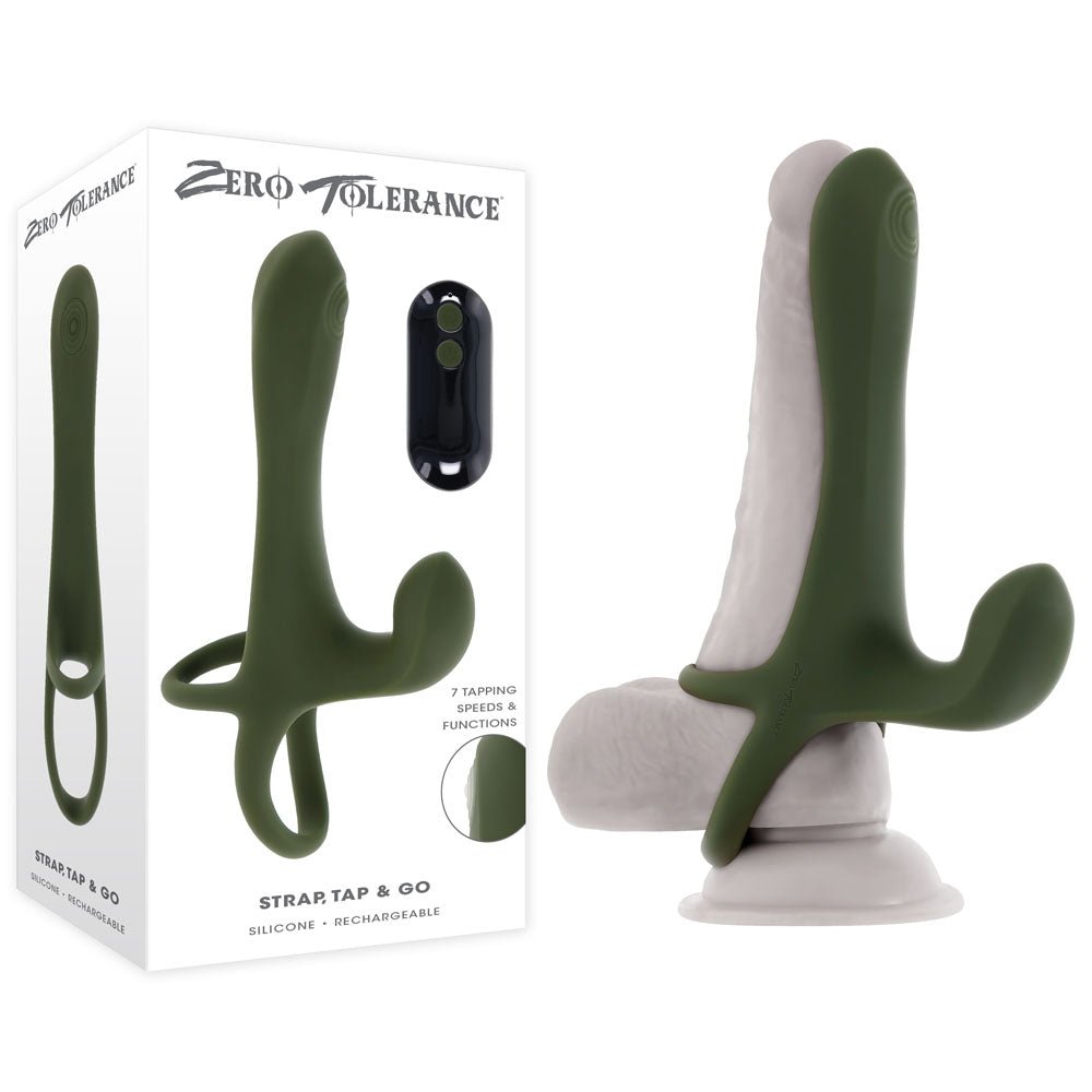 Zero Tolerance STRAP, TAP & GO - Green USB Rechargeable Vibrating & Tapping Penis Sleeve with Wireless Remote - Mr and Mrs D's