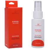 An image of Power+ Delay Spray For Men - 59 ml featuring a white spray bottle with a clear cap and a red label, accompanied by its red packaging. The text on the packaging states: "maximize performance and partner satisfaction by reducing premature ejaculation." The bottle and box contain 2 fl oz (59 ml).