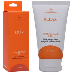 A white tube and orange box of "Relax - Anal Relaxer," by Intimate Enhancements. This product, featuring a water-based formula, claims to "help prepare for an enjoyable anal experience." The tube and box both contain 2oz (56g) of the gel.