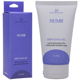 A purple rectangular box and a gray tube of Numb Anal Gel - Mint are shown. Both feature the labels "Numb" and "Mint Anal Gel," with descriptions stating they are "gently desensitizing for an enjoyable anal experience." The tube holds 2 oz (56g).