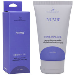 A purple rectangular box and a gray tube of Numb Anal Gel - Mint are shown. Both feature the labels "Numb" and "Mint Anal Gel," with descriptions stating they are "gently desensitizing for an enjoyable anal experience." The tube holds 2 oz (56g).