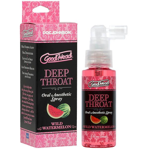 A bottle of "GoodHead Deep Throat Spray" in Wild Watermelon flavor is shown next to its pink and black packaging box. The box and bottle, featuring images of watermelon slices, promote this throat desensitizer by Doc Johnson. The product, designed as a gag reflex suppressant, has a volume of 59 ml.