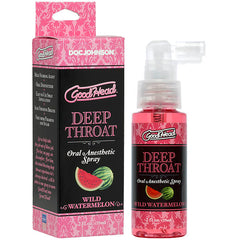 A bottle of "GoodHead Deep Throat Spray" in Wild Watermelon flavor is shown next to its pink and black packaging box. The box and bottle, featuring images of watermelon slices, promote this throat desensitizer by Doc Johnson. The product, designed as a gag reflex suppressant, has a volume of 59 ml.